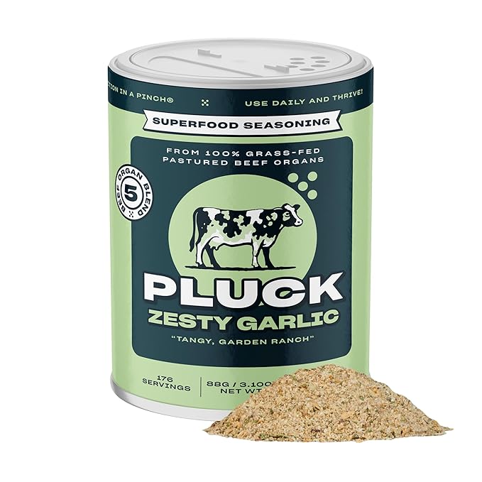 Pluck Zesty Garlic Organ Meat Blend Seasoning | From Grass-Fed &amp Grass-Finished Pastured Beef Organs with Redmond Real Sea Salt | As Seen on ABC’s Shark Tank | 176 Servings