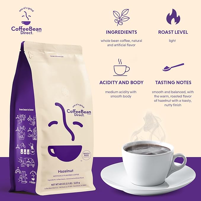 Coffee Bean Direct Hazelnut Flavored Whole Bean Coffee 2.5 Pound Bag (Pack of 1)