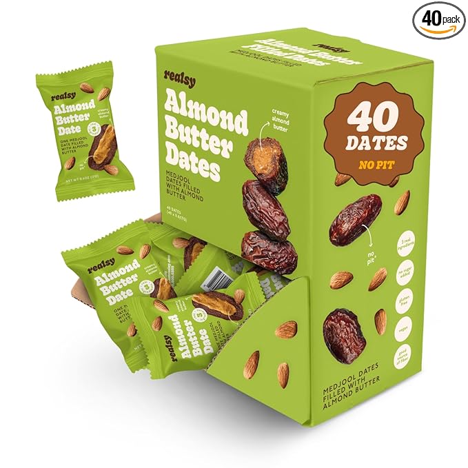 Realsy Stuffed Medjool Dates Organic Dates with No Sugar Added Gluten-Free Vegan All Natural Healthy Snack Single Wrapped (40 ct) (Almond Butter)