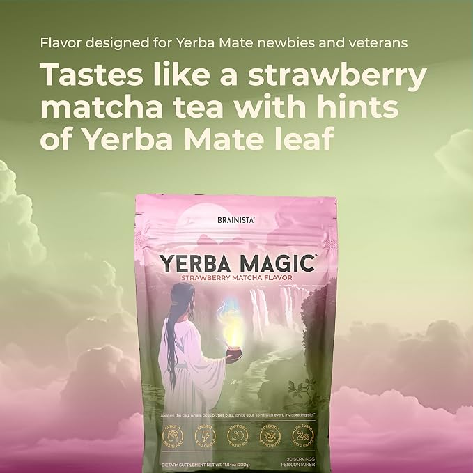 Brainista Yerba Magic Yerba Mate Tea Instant Powder Drink with Nootropics Pre &amp Probiotics Clean Energy Mental Clarity &amp Gut Wellness Low Sugar Natural Caffeine Strawberry Matcha 30 Se