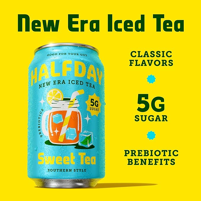 HALFDAY Prebiotic Sweet Tea Iced Tea Cans Supports Digestive &amp Gut Health 6g Plant Fiber &amp Prebiotics 5g of Sugar 35 Calories Organic Tea Natural Caffeine Gluten Free Keto 12 fl oz (1