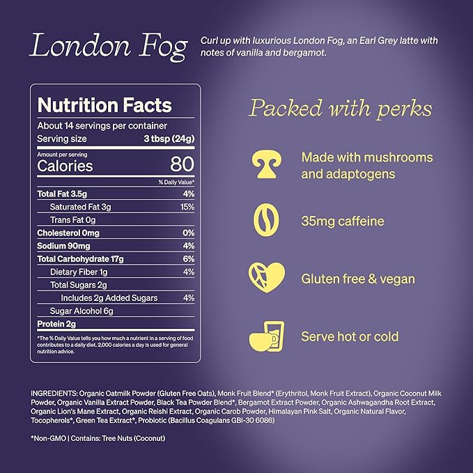 Clevr London Fog Latte Vegan Earl Grey Instant Tea Mix Superfood Powder Blend with Oat Milk Black Tea Reishi Mushroom Organic Spices Coconut Cream Ashwagandha Serve Hot or Iced 12 oz