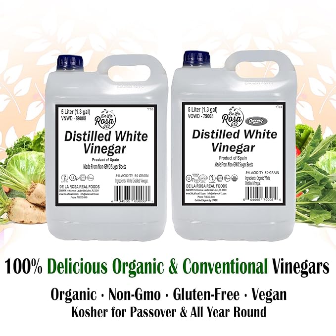 De La Rosa Distilled White Vinegar Raw &amp Unfiltered Kosher for Passover Vegan &amp Gluten Free Great for Salad Dressing Marinades White Distilled Vinegar 5 Liter (Pack of 1)