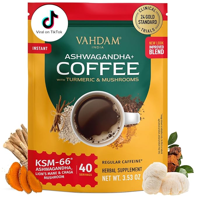VAHDAM Ashwagandha Coffee with Turmeric Lion’s Mane &amp Chaga Mushroom | Clinically Proven KSM 66 Ashwagandha &amp Pure Arabica Coffee | Stress &amp Cortisol Support Better Energy - 40 servings