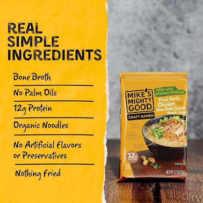 Mike’s Mighty Good Fried Garlic Chicken Ramen Noodles Bone Broth Pillow Pack (Pack of 7) – 12g Protein Healthy Instant Ramen – Organic Steamed Non-GMO Seed Oil-Free – Rich Antibiotic Free Chicken