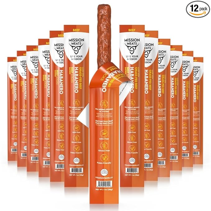 Mission Meats Beef Sticks – 100% Grass Fed &amp Pasture Raised Sugar Free Individually Wrapped Healthy Snacks Whole 30 &amp Paleo Friendly Habanero 1oz (12ct)