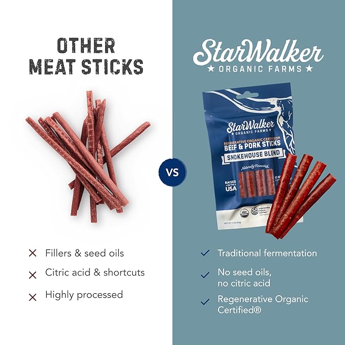 StarWalker Regenerative Organic® Beef and Pork Snack Sticks 4-Pack – 3 oz Each 50+ Years Organic Farming Grass-Fed Beef No Sugar No Nitrates Keto Clean Protein Snack