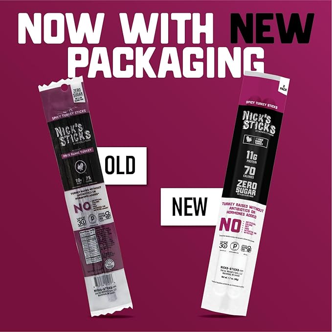Nick's Sticks Clean &amp Balanced Spicy Free Range Turkey Snack Sticks | Made in the USA | Gluten Free | Paleo Keto Whole30 Approved | No Soy Antibiotics or Hormones (12 – 1.7oz. Packs of 2 Sticks