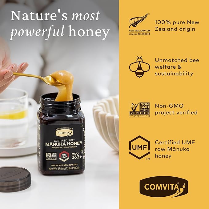 Comvita Manuka Honey UMF 10+ (MGO 263+) - Raw Manuka Honey New Zealand Pure &amp Unpasteurized Superfood for Immune Health Use in Tea Wild Monofloral Non-GMO - 500g (17.6 oz)