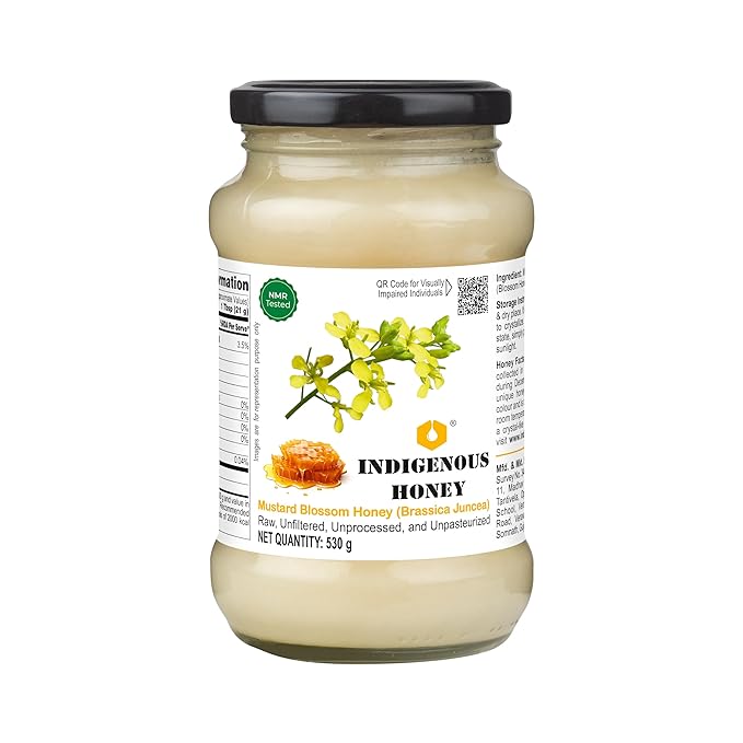 INDIGENOUS HONEY Crystallized Mustard Sarso Honey Raw Natural Pure Unprocessed NMR Tested Unpasteurized Unheated 530g Glass Jar Pack of 1
