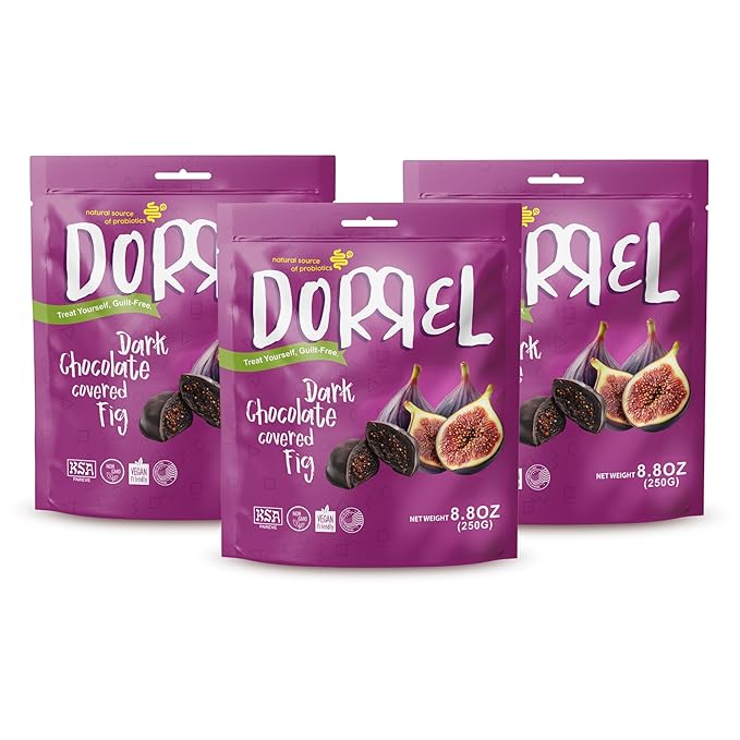 DORREL - Belgian Dark Chocolate Covered Figs High Energy Vegan Choco Snack with Medjool Dates &amp Dried Mission Figs Center Delicious Kosher &amp Non-GMO Pack of 3 8.8 oz / 250 g Ea