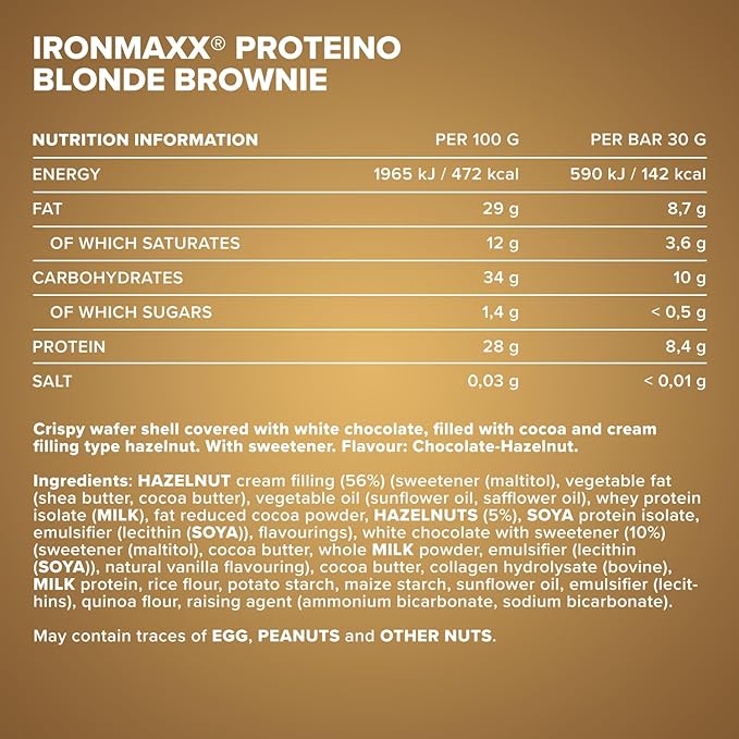 IronMaxx Proteino Protein Bar 12 x 30 g - Blondie Brownie | High Protein Bar with Creamy Waffle Based Filling | Sugar Reduced Gluten-Free Palm Oil Free Fitness Snack