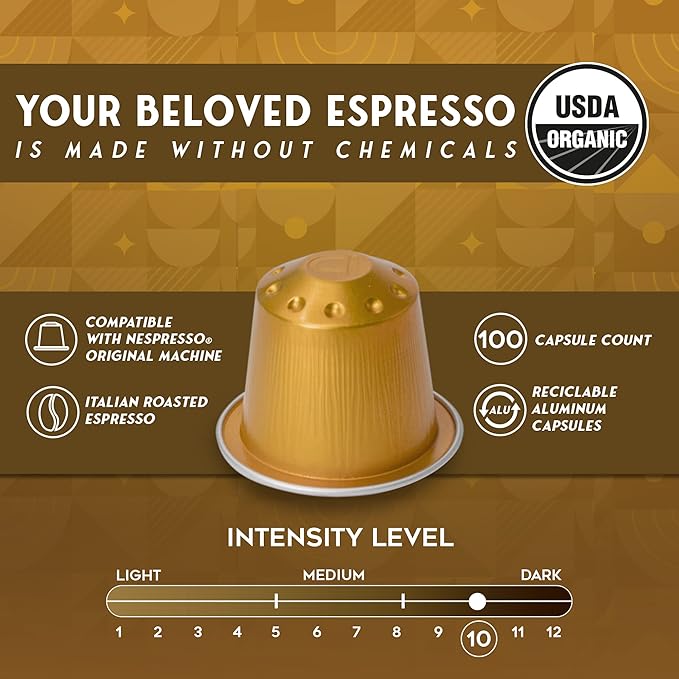 ESPRESSORO 100 USDA Organic Espresso Pods - INTENSO Aluminum Capsule Compatible with Nespresso Original Lines Machines. Intensity 9 - Premium Italian Coffee Pods.