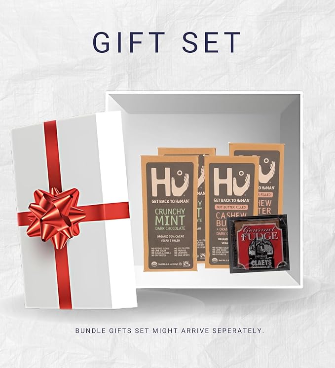 2x Hu Chocolate Crunchy Mint 2.1 oz and 2x Orange Vanilla Cashew Butter Bar 2.1oz Bundle with Claeys Old Fashioned Chocolate Fudge 1.75 oz – Organic Vegan Bars for Snacking – Gift Set (5 Items)
