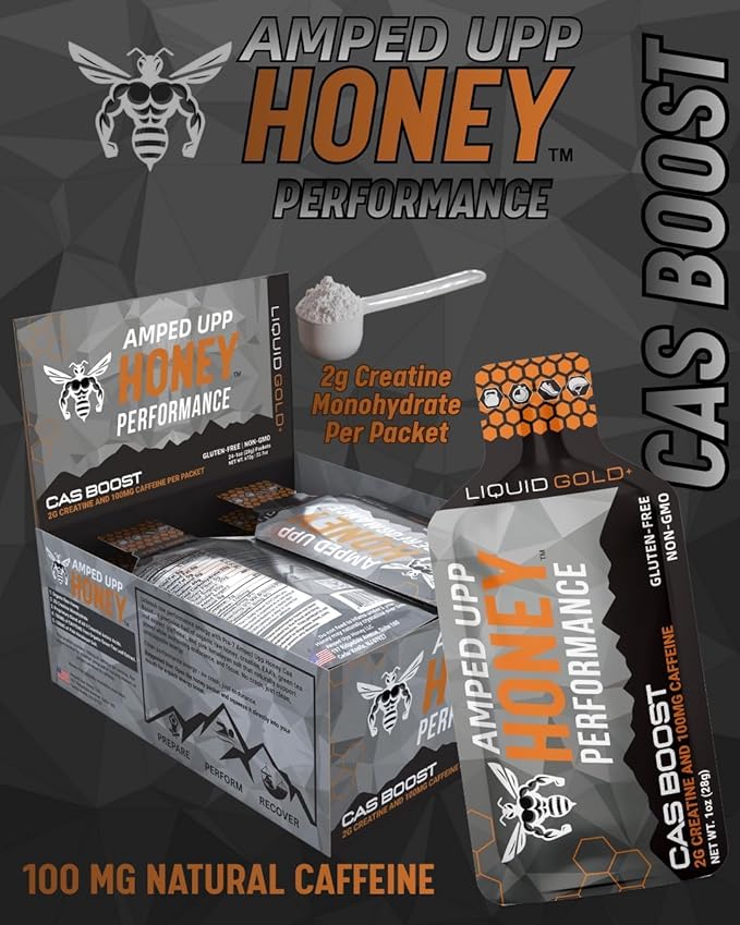 Amped Upp Honey PRE7-CAS Boost. for Strength. Energy. Hydration. Mental Focus. Prepare. Perform. Recover. Organic • Non-GMO • Made in The USA (Box of 12 Single-Serve Packets)