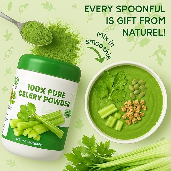 18OZ Pure Celery Powder - 100% Natural Dried Celery Juice Flavoring Powder Non GMO &amp Gluten Free Low Fat Perfect for Smoothie Baking Seasoning Drinks(510g)