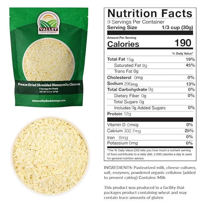 Freeze Dried Shredded Mozzarella Cheese 10-Bag Bucket 95 Oz | Premium Emergency Food Supply 25 Year Shelf Life | Non-GMO Prepper Supplies Survival Food Off Grid Living Supplies | Valley Food Storage