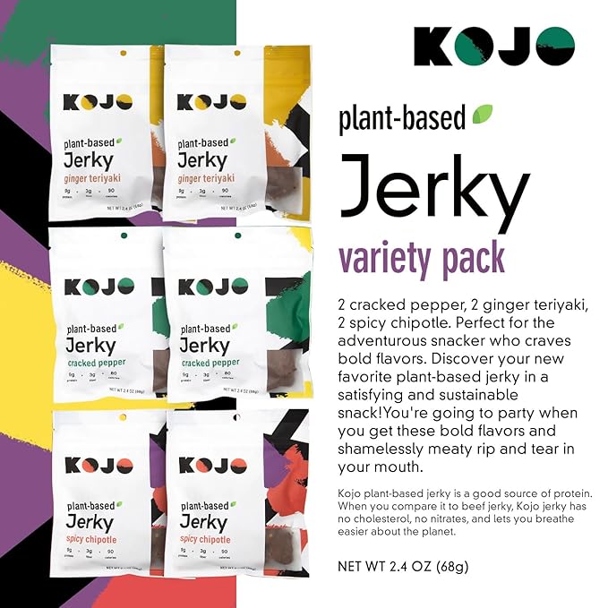 Kojo - Plant-Based Vegan Jerky Variety Pack - Cracked Pepper Ginger Teriyaki Spicy Chipotle 9g Protein 3g Fiber 90 Calories - 6 Bags (2pcs Each)