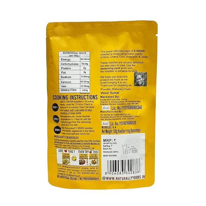 Naturally Yours Noodles 5 Grain Gluten-Free |100% Natural &amp Vegetarian |No onion no garlic | No preservatives Artificial flavors Colors or MSG ( 3.52 Ounce )