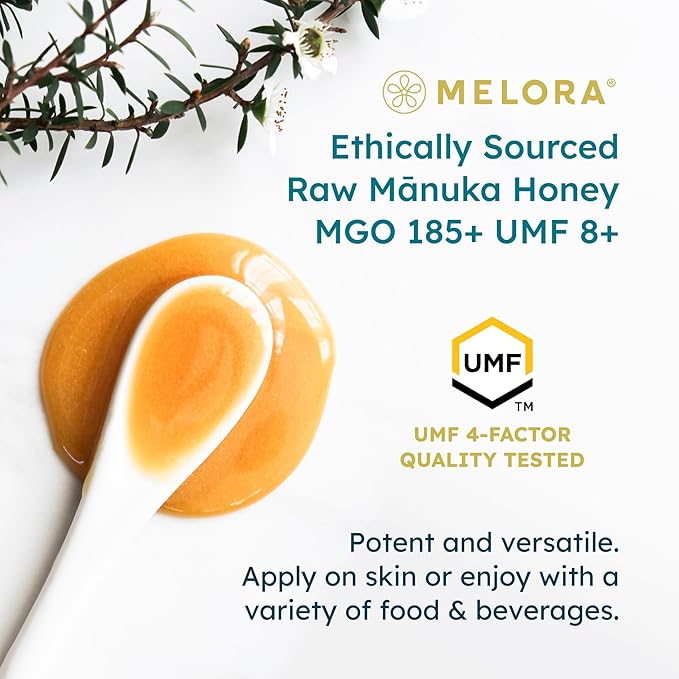Melora Manuka Honey New Zealand Raw Honey | Pure Unfiltered Unpasteurized Honey | Organic Squeeze Bottle | UMF 8+ | MGO 185+ | 12 oz