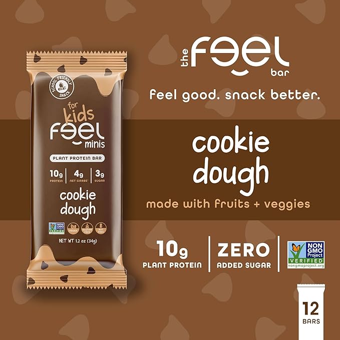 Feel Bar Minis – Kids Protein Bars | Cookie Dough – 12 Pack | 10g Plant Protein | 100 Calories | No Added Sugar | + Daily Veggies | Gluten Free No Nuts No Soy No Dairy No Grains