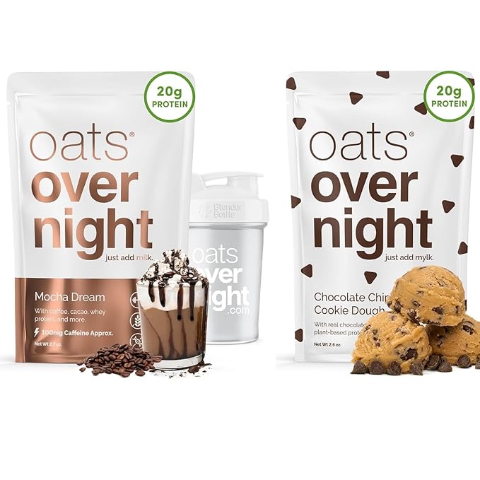Oats Overnight Mocha Dream 8 Pack + BlenderBottle &amp Chocolate Chip Cookie Dough 8 Pack - 20g Protein High Fiber Breakfast Shake - Gluten Free Non GMO Oatmeal