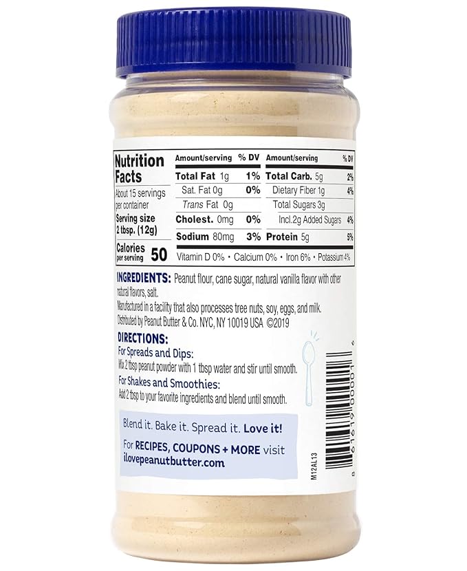 Peanut Butter &amp Co. Vanilla Peanut Powder 5g Protein 0g Sugar Added 50 Calories per Serving 90% Less Fat Non-GMO Project Verified Vegan &amp Gluten Free Peanut Butter Powder 6.5 oz Jars (P