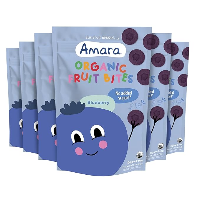 Amara Organic Fruit Bites Blueberry - No Artificial Colors/Dyes Added Sugar Dairy-Free Fruit Snacks Made with Organic Whole Foods Healthy Fruit Snacks for Kids - 6 Pack