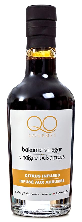 QO Gourmet Thick Flavored Aged Dense Balsamic Vinegar | High Density CITRUS Infused Italian Vinegar | 250ml/8.45 fl.oz.| All Natural | Produced &amp Bottled in Modena Italy