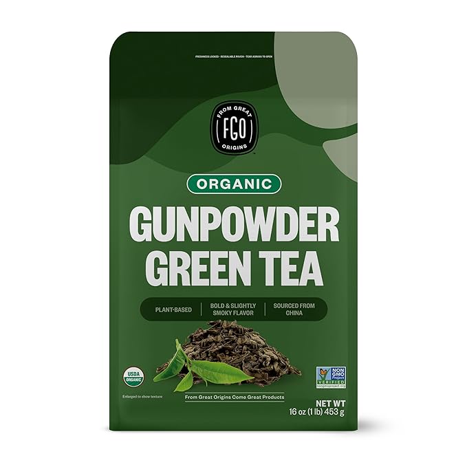 FGO Organic Gunpowder Green Tea Loose Leaf 16oz Bulk Resealable Bag Packaging May Vary (Pack of 1)