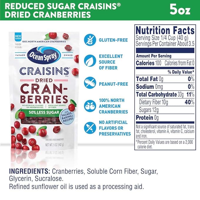Ocean Spray® Craisins® 50% Less Sugar Dried Cranberries Dried Fruit 5 Oz Pouch (Pack of 12)