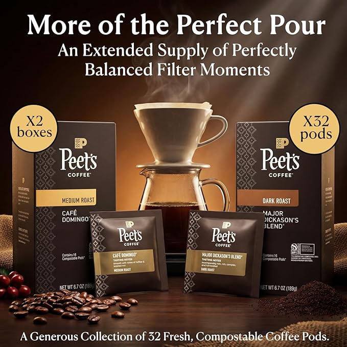 Peet’s Major Dickason’s &amp Domingo Coffee Pods – 32 Count (2 Packs of 16) – Dark Roast &amp Medium Roast Variety Pack with Bold Smooth Flavor – Compatible with Pelecom Coffee Machines – Peet’s Co