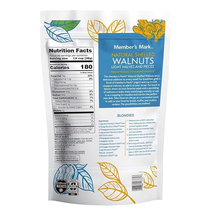 Member Mark Natural Shelled Walnuts 3 lbs | Fresh Unsalted Raw Walnuts | Resealable Bag | Heart-Healthy Snack for Baking Cooking &amp Everyday Nutrition - Bulk Disc