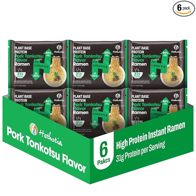 Hethstia High-Protein Ramen Soup 6 Packs Tonkotsu Flavor Instant Noodle Soup 31g Plant-Based Protein Non-GMO Vegan Low Fat Non-Fried Easy-to-Prepare Healthy Ramen