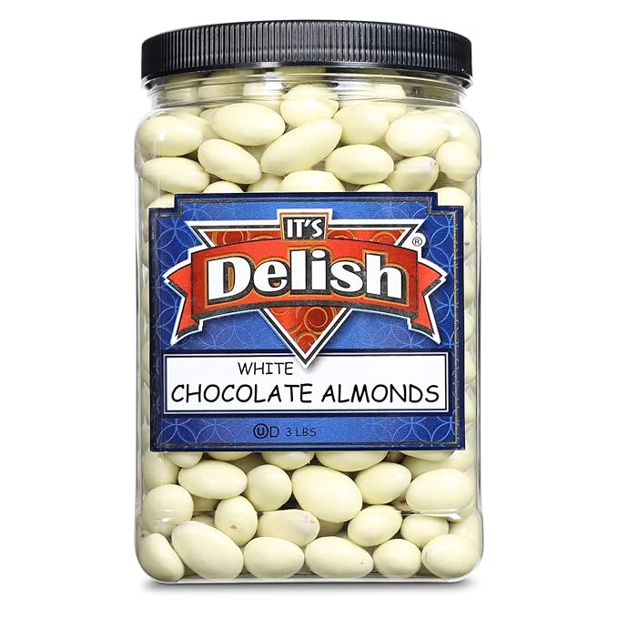 Gourmet White Chocolate Covered Almonds by Its Delish 3 LBS Jumbo Reusable Container(Jar) | White Milk Chocolate Coated Almond Nuts Kosher Dairy