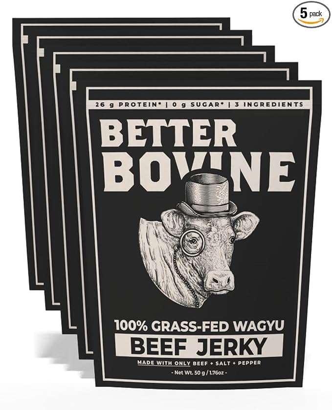 BETTER BOVINE Grass Fed Wagyu Beef Jerky Keto Paleo Low Carb High Protein Gluten Free Sugar Free Non-GMO Nitrate Free Preservative Free No Antibiotics No Added Hormones 26g Protein 0g Car