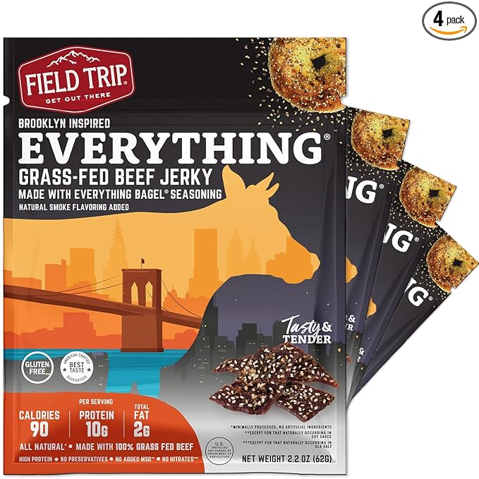 Field Trip Grass Fed Beef Jerky Healthy Gluten Free Snacks All Natural Paleo-Friendly Beef Jerky High Protein Low Carb Snack with No Nitrates 2.2oz Bag 4 Pack Everything Bagel