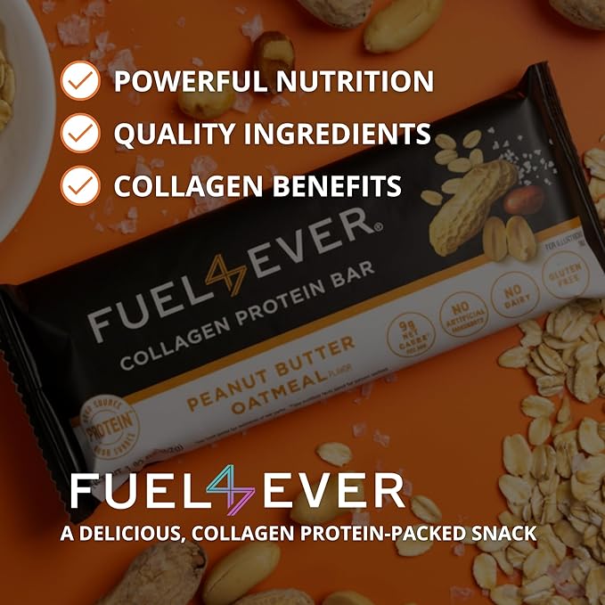Fuel 4 Ever Collagen Protein Bars | 14G Protein Gluten Free Dairy Free No Stevia or Artificial Ingredients Added Sweetened with Honey | Peanut Butter Oat Flavor (Box of 12)