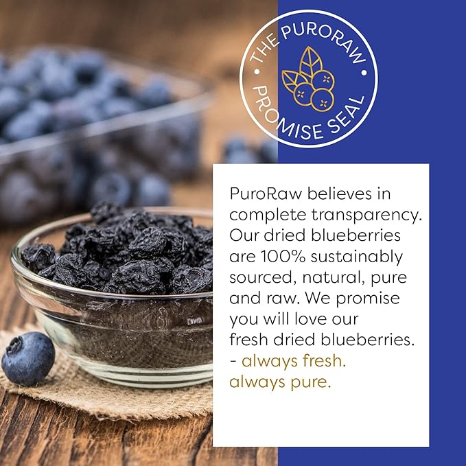 PuroRaw Dried Blueberries No Sugar Added 2 lbs. Blue Berries Fruit Dehydrated Blueberries Fresh Dried Blueberries Bulk Blueberry Raisins. All Natural Non-GMO Batch Tested 2 pounds