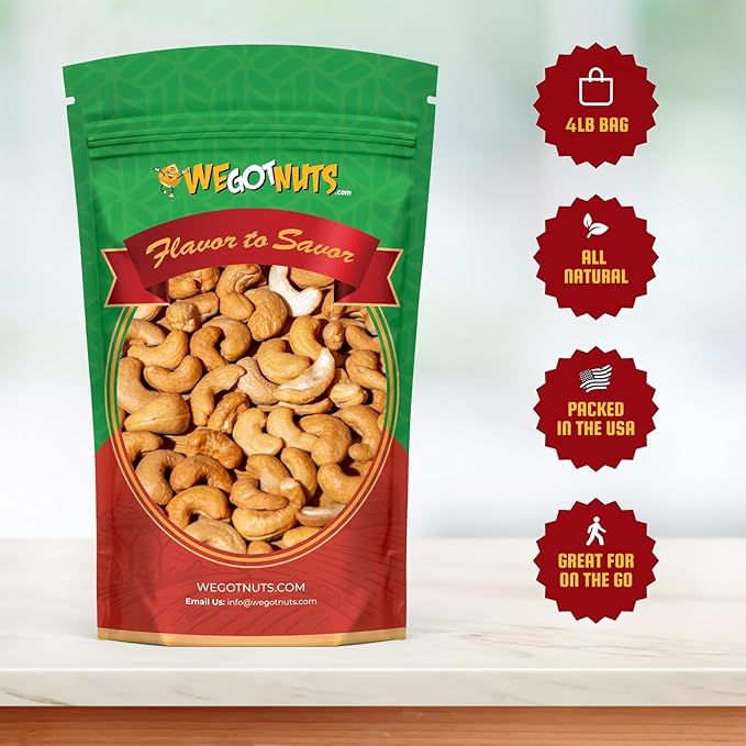 Dry Roasted Unsalted Cashews 4 lbs – Premium Quality Kosher Dry Roasted Cashews – No Oil Natural &amp Healthy Rich Flavor Snack – Gourmet Savory Flavor – Air-Tight Resealable Bag Package