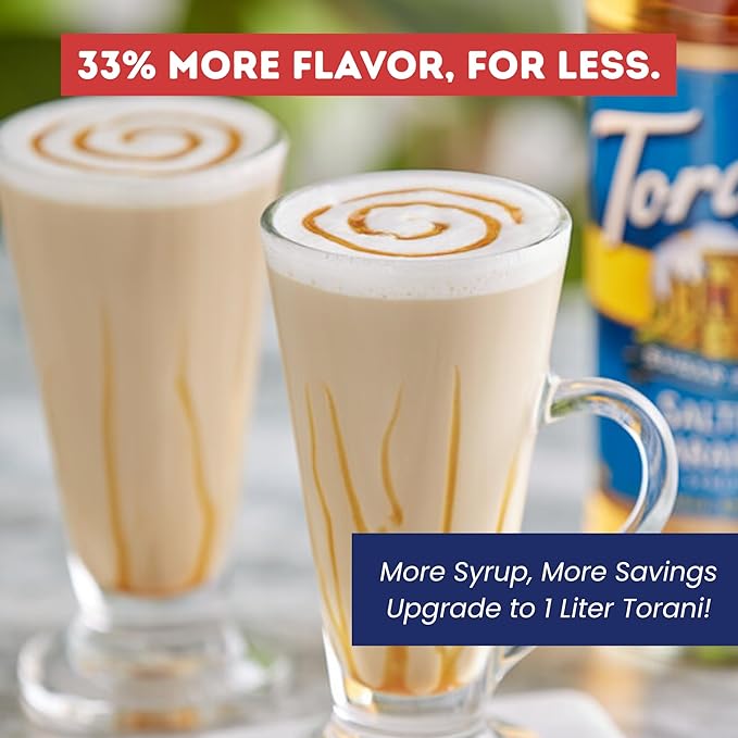 Torani Sugar Free Salted Caramel Syrup 1 Liter Bottle with Pump Dispenser – Zero Calorie Flavored Coffee Syrup for Lattes Cold Brews Teas Cocktails &amp Desserts – Keto Friendly
