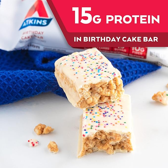 Atkins Birthday Cake Protein Meal Bar High Fiber 15g Protein 1g Sugar 4g Net Carbs Meal Replacement Keto Friendly 30 Count