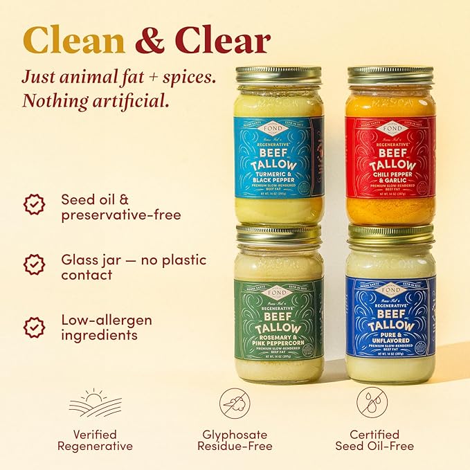 FOND Regenerative Grass-Fed Beef Tallow for Cooking – High Smoke Point Grass Fed Beef Tallow for Frying Sautéing &amp Roasting – Sustainably Sourced Seed Oil Free – Variety Pack 14oz (4-Pack)