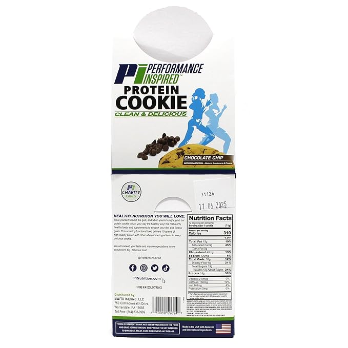 Performance Inspired Nutrition Protein Cookie - Contains: BIG 15G Isolate Protein - 6G Of Fiber - All Natural - Guilt Free - No Artificial Ingredients - Chocolate Chip Flavor - 12 Count
