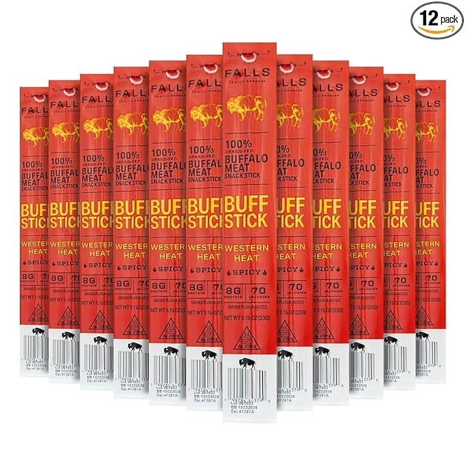Grass-Fed Buffalo Meat Snack Sticks Western Heat Spicy by Falls Family Ranches 12 Pack 1.15oz Stick Carton 8g Protein 0g Sugar 70 Calories