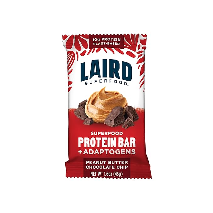 Laird Superfood Functional Protein Bars – Protein Bar but Better with Real Ingredients Functional Mushrooms 10g Plant-Based Protein 6g Fiber - Non-GMO - Peanut Butter Chocolate Chip 10 Count (Pack