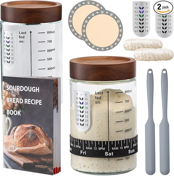 Sourdough Starter Kit34oz Sourdough Starter Jar Glass with Sourdough Recipes Cookbook.Sourdough Bread Baking Supplies with ThermometerNatural Wooden Lid Anti-slip MatSourdough Jar scraper (2 pack)
