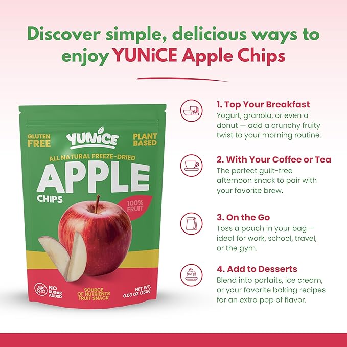 YUNiCE Freeze-Dried Fruit Snacks freeze dried apples dried apple chips All Natural 100% Apple No Sugar Added Gluten Free Plant Based Crispy Healthy Snack Pouches APPLE 0.53 Ounce (Pack of 12)