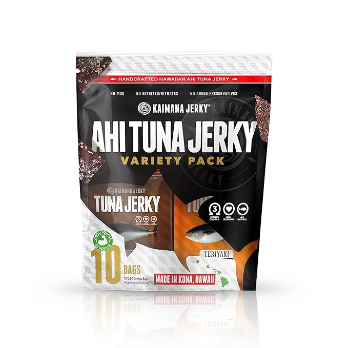 Kaimana Jerky Ahi Tuna Sampler Bundle - All Natural &amp Wild Caught Tuna Jerky. Made in USA. 9g Protein &amp Good Source Of Omega-3's (10 pack 0.50 oz)