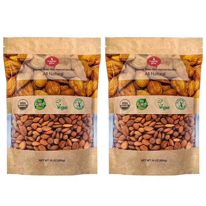 Mighty Apricot USDA Organic Bitter Apricot Kernels(1LB) 16oz (2 Pack) Natural Raw Bitter Apricot Seeds Vegan Non-GMO Gluten Free Great source of Vitamin B17 and B15 Maximum 3 Kernels/day